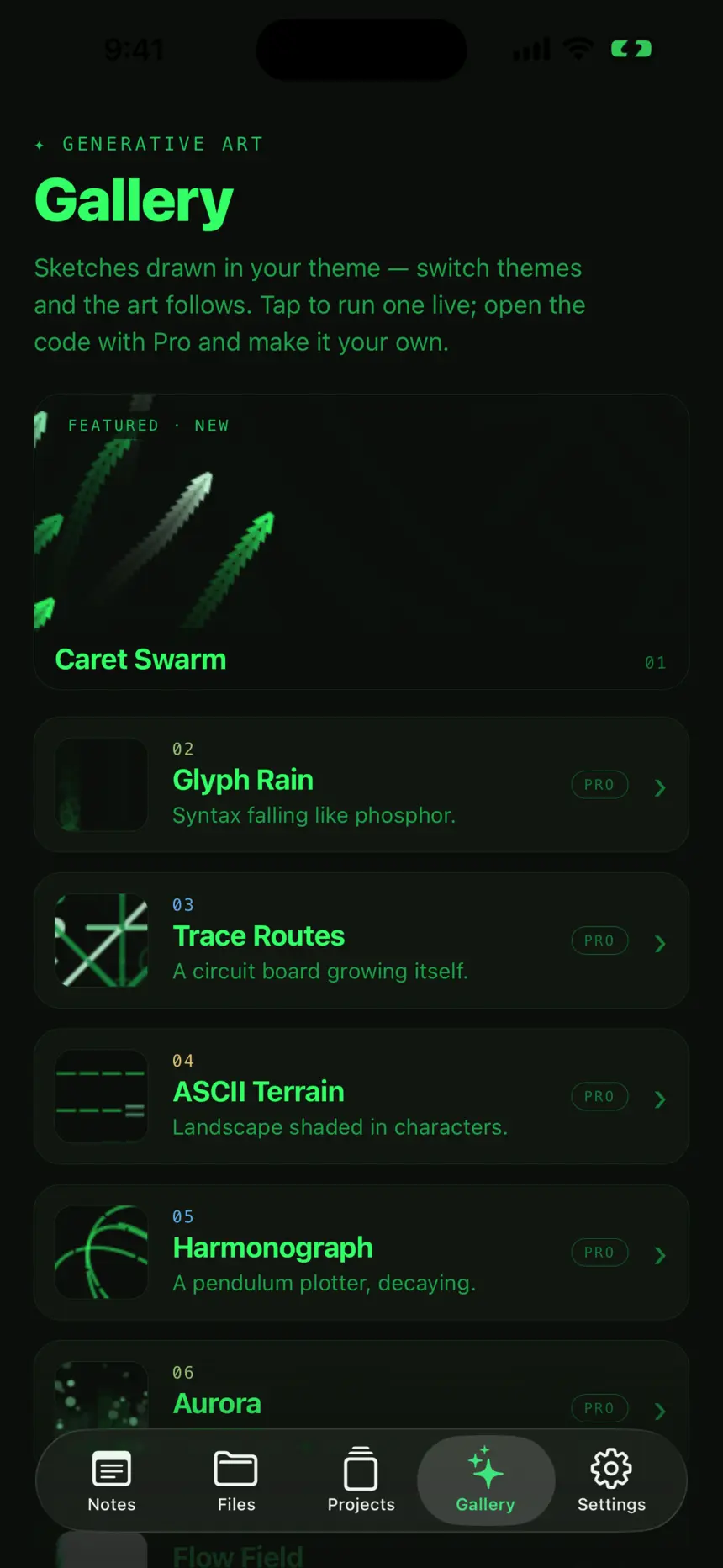 The same Carets gallery in the Coder Dark theme: identical layout again, with every sketch redrawn in phosphor green.