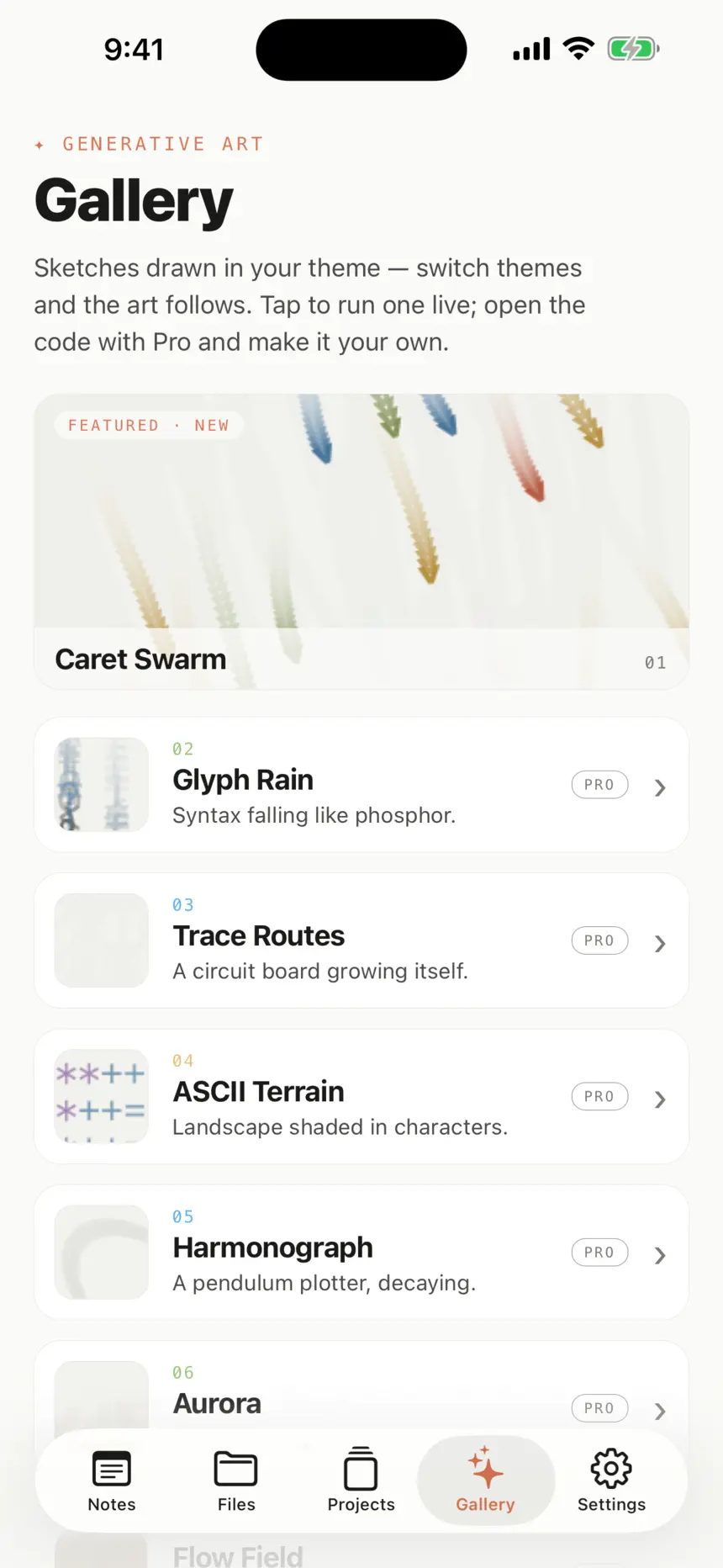 The Carets gallery in the Light theme: Caret Swarm featured at the top, then Glyph Rain, Trace Routes, ASCII Terrain, Harmonograph and Aurora, each sketch drawn in pale ink on white.