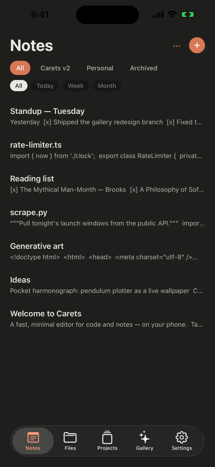The Carets notes list on iPhone: filter chips, note titles with code previews, and a tab bar for Notes, Files, Projects, Gallery and Settings.